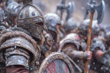 Fierce Medieval Warriors in Armor Battling Through a Snowy Landscape