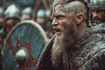 Intense Warrior Leader with Beard in Historic Battle Scene Amid Snowfall