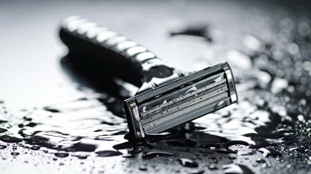 A close-up shot of a razor blade with water droplets on a wet surface. Focus on the blades