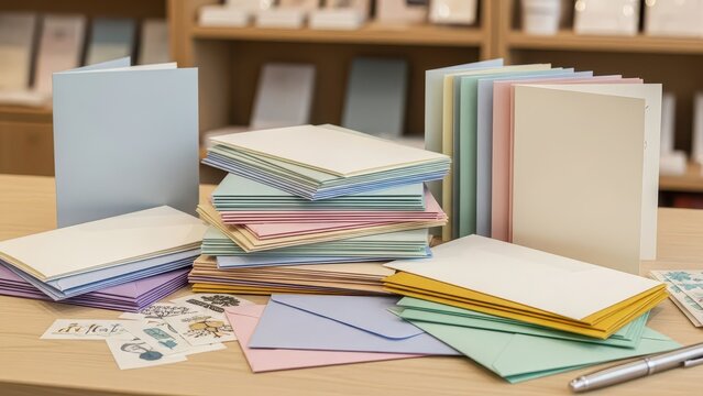 Softly illuminated and meticulously arranged pastel-colored stationery including envelopes and cards with delicate floral stickers, presented in a bright, airy shop environment with blurred shelving