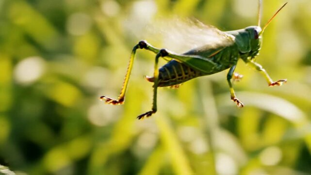 Grasshopper jumping and resting on green foliage. 4K HD video