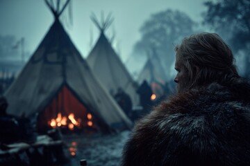 Traditional Camp Scene with Tents and Figure Wearing Fur in Misty Environment