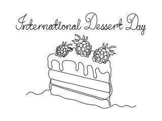 International dessert day.  Greeting card. Abstract sweet piece of cake with raspberry, continuous single one line art hand drawing sketch logo on white background