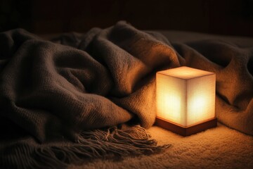 Warm Cozy Light from Fabric Draped Lantern on Soft Blanket at Night