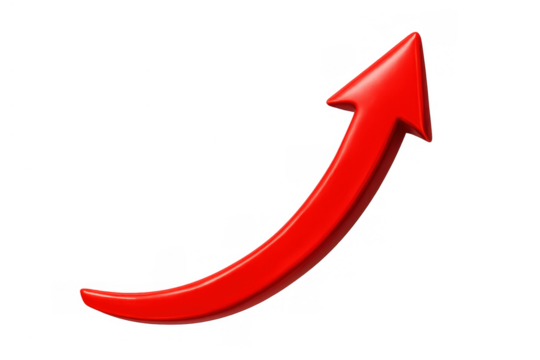 Red arrow moving up, symbolizing business growth, financial increase, market progress and rising performance on transparent background - Powered by Adobe