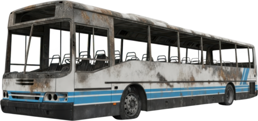 A weathered and heavily rusted abandoned public transport bus exterior featuring missing windows and significant decay isolated against a transparent background Vehicle Dilapidated