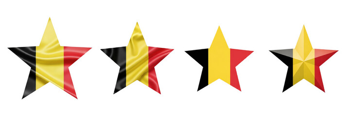 Set of four Belgium flag stars, patriotic national symbols, Belgium star shape decorations, isolated on white background, 3D render, holiday PNG.