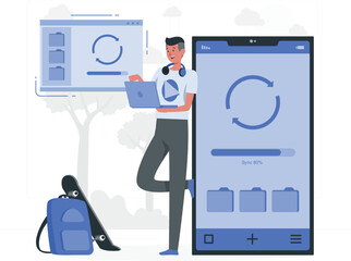 Man with laptop and headphones standing next to large smartphone and computer screen showing