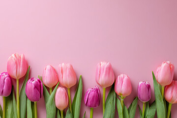 Obraz premium Set of beautiful pink tulips on soft beige pastel background as a flat lay border