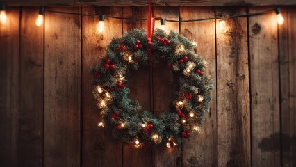 Cozy Christmas Eve ambiance: Festive holiday wreath with warm string lights and bright red berries against a dark, rustic wooden barn background, perfect for copy space.