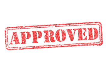 Red approved rubber stamp vector illustration with grunge texture isolated on white. Commercial business sign for validation, permission, authorization and agreement quality control concepts.