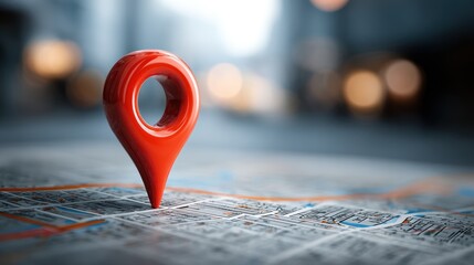 A vibrant red location marker prominently placed on a map, with blurred city background