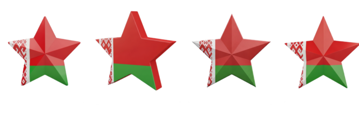 Set of four Belarus flag stars, patriotic national symbols, Belarus star shape decorations, isolated on white background, 3D render, holiday PNG.