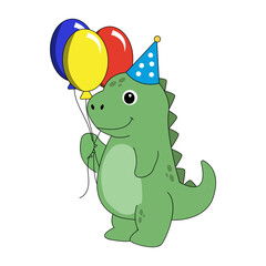 Obraz premium Adorable green cartoon dinosaur wearing a blue polka dot party hat and holding colorful balloons, perfect for birthday celebrations and kids' events
