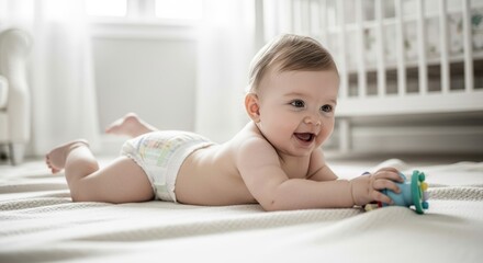 Happy baby in a diaper crawls on a blanket with a crib in background