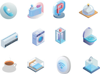 Collection of Glossy 3D Isometric Icons for Hotel Amenities and Home Services Including Wi-Fi, Parking, and Reception