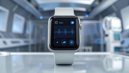 A smartwatch displays health metrics, including heart rate and ECG readings, in a futuristic, high-tech environment.