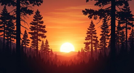 Silhouetted pine trees frame a vibrant sunset over mountainous forest background.