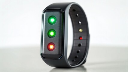 A sleek wearable device featuring three colored lights, indicating various statuses or notifications in a modern design.