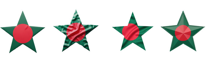 Fototapeta premium Set of four Bangladesh flag stars, patriotic national symbols, Bangladesh star shape decorations, isolated on white background, 3D render, holiday PNG.