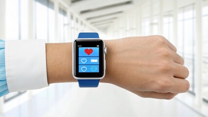 A modern smartwatch displaying heart rate and health metrics on a wrist in a bright, spacious interior.