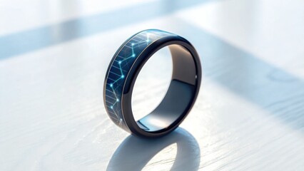 A sleek, modern ring featuring a blue geometric design, placed on a light wooden surface, showcasing its stylish and futuristic aesthetic.