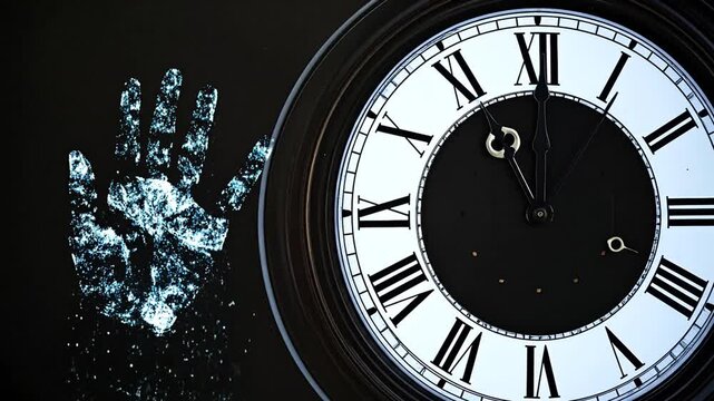 A classic clock shows the time near a glowing handprint on a dark background