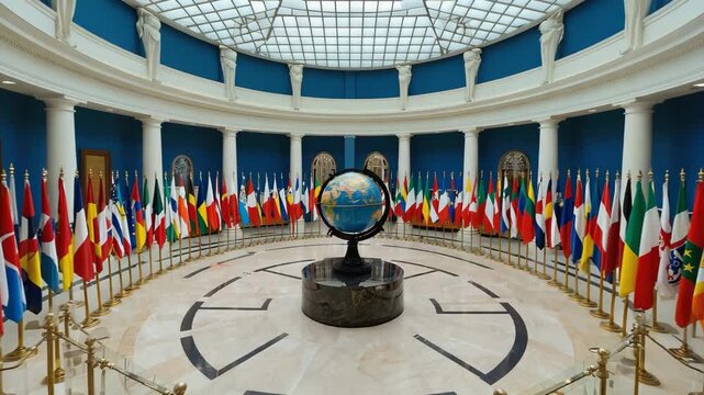 Circular room with national flags surrounding a globe on a marble floor under a glass dome ceiling