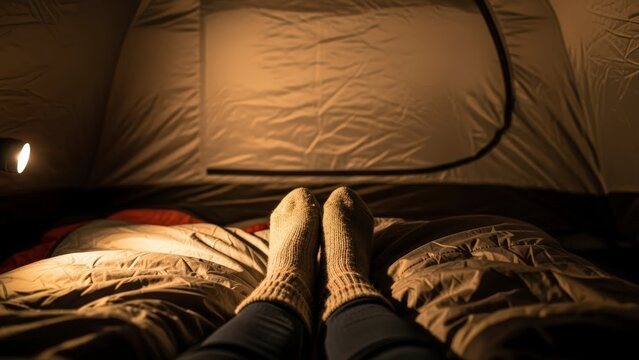 Cozy Feet in Socks Inside a Warm Tent During a Night Camping Adventure.
