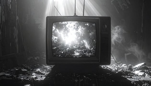 Old TV set amid ruins shows bright light; sunbeam pierces darkness in monochrome; post-apocalyptic scenario