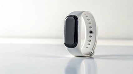 A sleek white fitness tracker with a black display, positioned on a reflective surface, showcasing modern wearable technology.