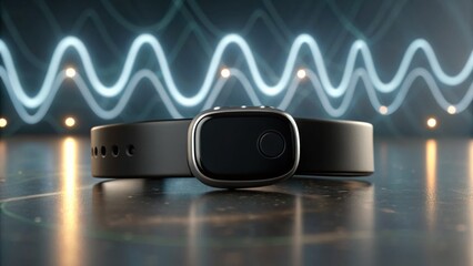 A sleek black wearable device sits on a reflective surface, surrounded by abstract wave patterns, suggesting technology and connectivity.