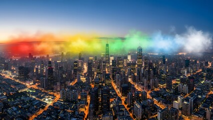 Rainbow Colored Clouds Over Cityscape at Dusk.
