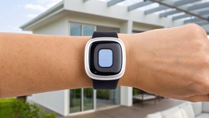 A modern smartwatch displayed on a person's wrist, set against a stylish outdoor background featuring a contemporary building.