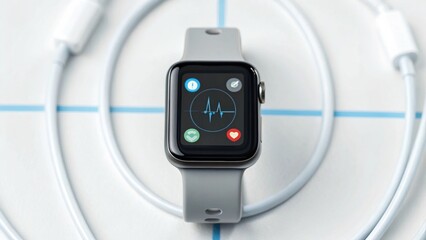 A sleek smartwatch displaying health metrics, surrounded by charging cables, highlighting modern technology and fitness tracking features.