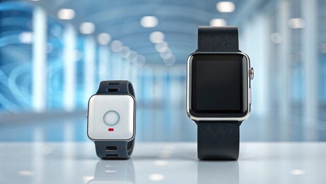 Two smartwatches are displayed on a sleek surface, showcasing modern design and technology in a bright, futuristic setting. - Powered by Adobe