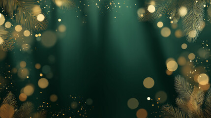 A premium minimalist Christmas background featuring a deep forest green backdrop adorned with soft warm gold bokeh lights, enhanced by very fine dust-like gold sparkle particles floating gently