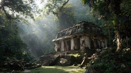 Jungle Ruins The ancient Mayan temple of Palenque emerging from the dense Chiapas jungle atmospheric with mist and shafts of light mysterious in Mexico