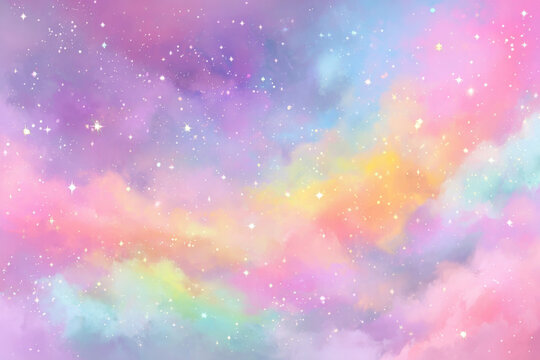 Beautiful whimsical rainbow clouds background with sparkling stars and magical glitter