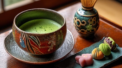 Tea ceremony in Kyoto ryokan matcha bowl and wagashi sweets authentic lifestyle in Japan