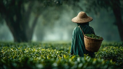 Bangladeshi tea picker woman in lush Sylhet tea gardens carrying basket serene morning mist in Bangladesh