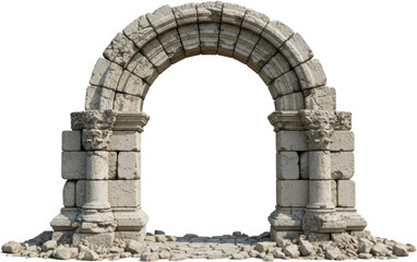 Obraz premium Ancient weathered stone archway ruins featuring robust supporting columns and scattered rubble at the base isolated on a transparent background 195 characters Ancient ruins Architectural element