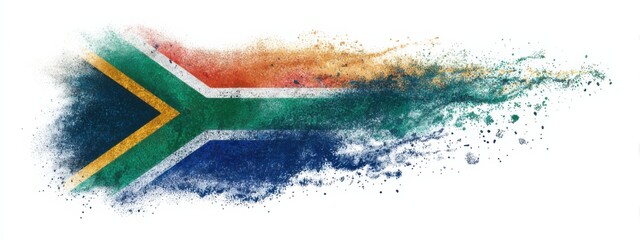 Colorful dust cloud forming the South African flag in a vibrant display during an art event in a public space