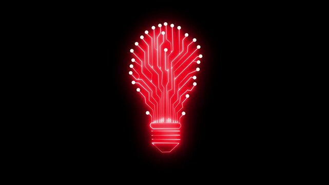 Technology neon shape bulb Abstract glowing lamp with circuit board on isolated black background.Digital technology circuit bulb animation, neon electrical bulb icon animation