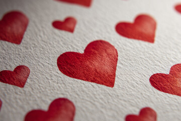 Beautiful hand painted watercolor red hearts pattern on white paper texture