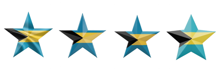 Set of four Bahamas flag stars, patriotic national symbols, Bahamas star shape decorations, isolated on white background, 3D render, holiday PNG.