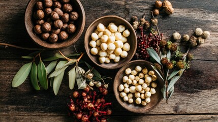 Flat-lay of Australian native food produce macadamia nuts kangaroo fruits native herbs on rustic wooden table overhead view in Australia