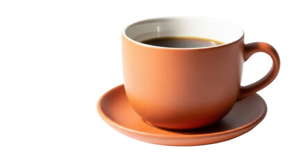 Terracotta coffee cup with black coffee isolated on transparent background, warm beverage for breakfast and morning routine