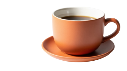 Terracotta coffee cup with black coffee isolated on transparent background, warm beverage for breakfast and morning routine