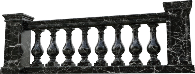 Detailed black marble balustrade section featuring sculpted balusters and decorative end posts against a transparent background showcasing intricate white veining Sculpture Architectural